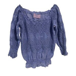 Temptation Positano Iris Blue Lace Linen Peasant Blouse Size‎ S